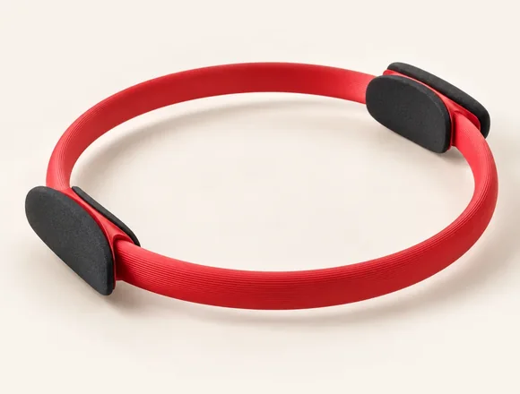 Roter Pilates-Ring mit Griffpolstern auf hellem Studiohintergrund