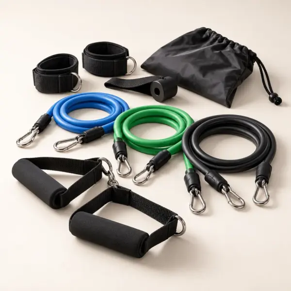 KI-Visualisierung: Widerstandsband-Set mit farbigen Tubes, Griffen und Zubehör vor neutralem Studiohintergrund