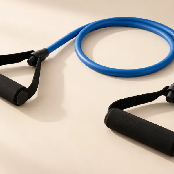 KI-Visualisierung: blaues Fitness-Widerstandsband mit zwei schwarzen Handgriffen, aufgerollt auf hellem Hintergrund