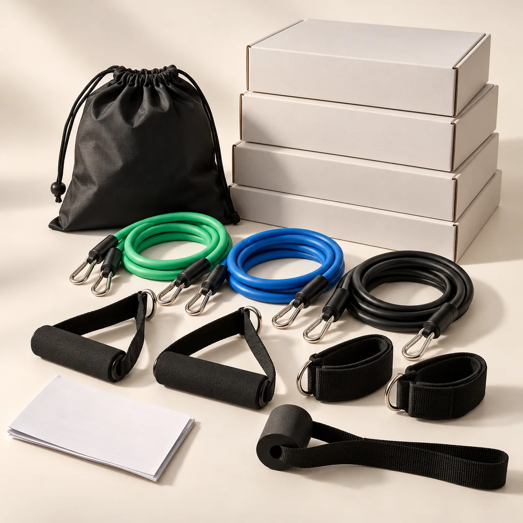 KI-Visualisierung: Widerstandsband-Set mit Zubehör und neutralen Verpackungen für ein Mehrfachgebinde